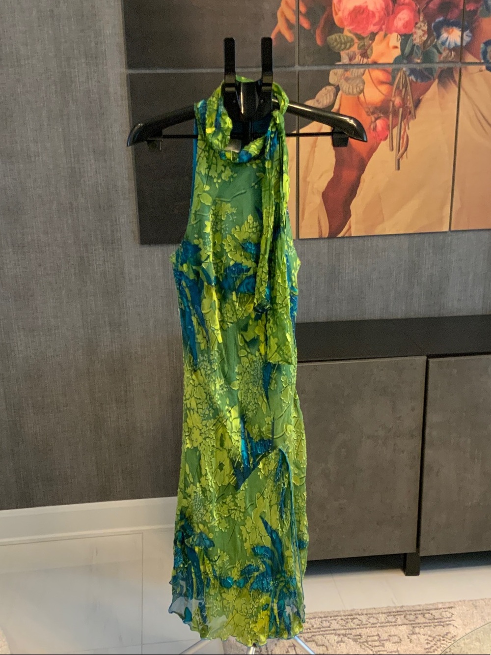 Joseph Ribkoff Couture Turquoise Dress with Yellow-Green Floral Accents 10